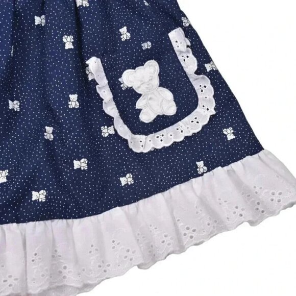 Vintage Blue White Ruffle EyeletTeddy Bear Long Sleeve Prairie Dress Size 24M - Picture 2 of 7